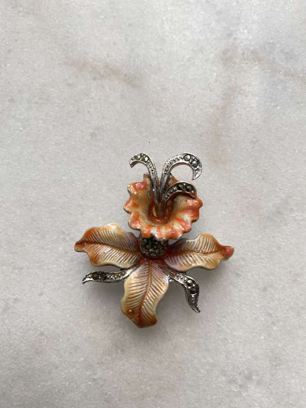 Brooch - Silver Plated Orange and Yellow Enamel and Marcasite Orchid Flower Design #ML667