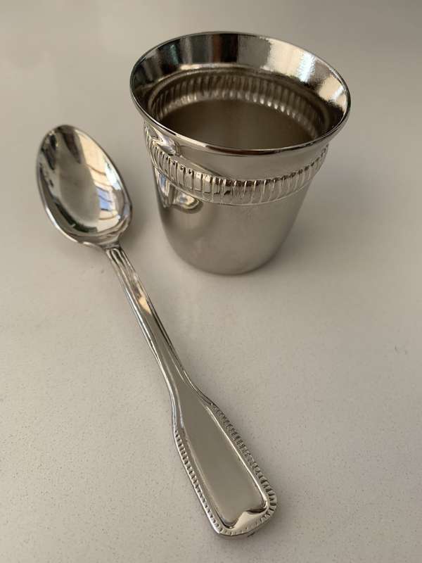 Antiques and Collectibles - Silver Plated Egg Cup and Spoon, In Original Box #ML671 | Dimensions:...