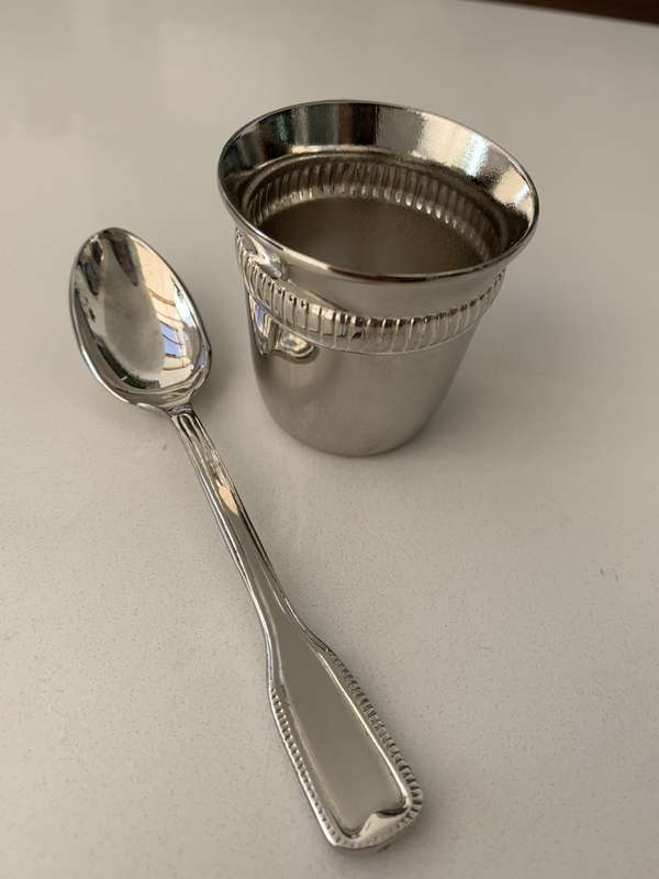 Antiques and Collectibles - Silver Plated Egg Cup and Spoon, In Original Box #ML671 | Dimensions:...