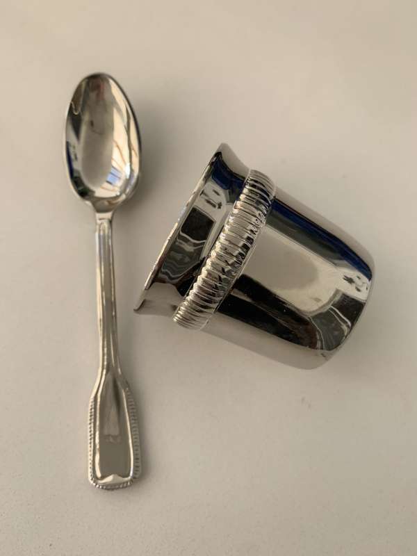 Antiques and Collectibles - Silver Plated Egg Cup and Spoon, In Original Box #ML671 | Dimensions:...