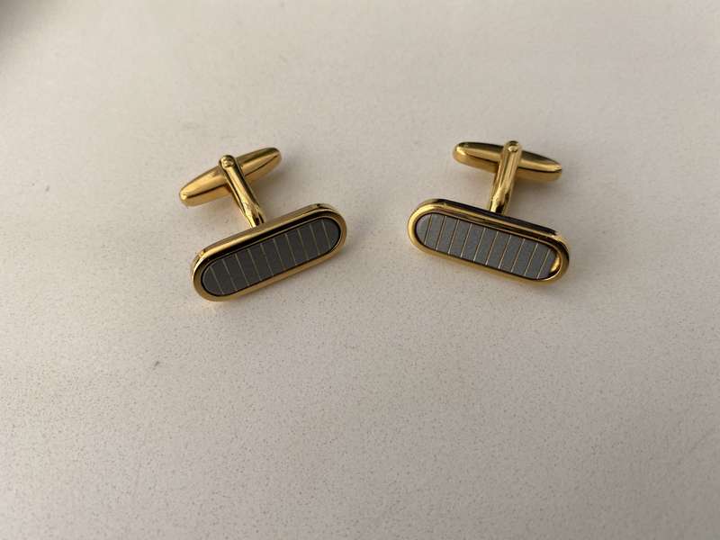 Gold Plated Cuff Links With Grey Slats #ML689 | Dimensions: 25mm x 10mm
