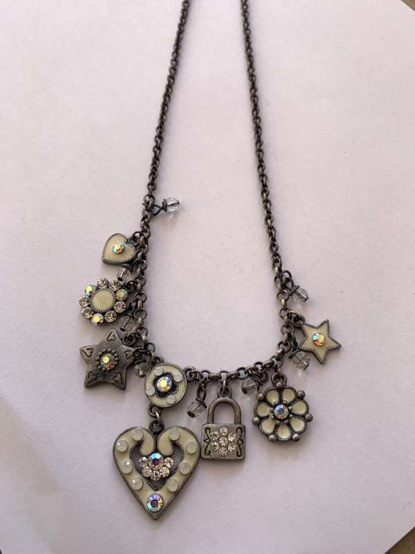 Necklace - Different Shape Pendants Hanging of Rustic Chain - White Beads, Hearts, Stars, Lock, F...