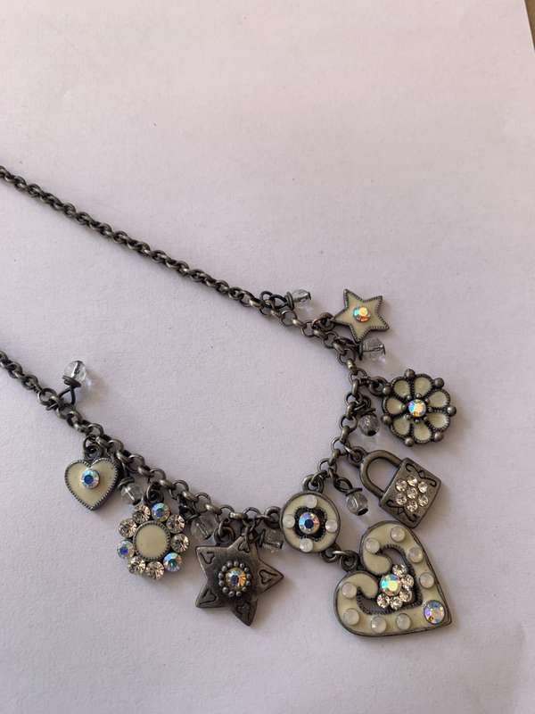 Necklace - Different Shape Pendants Hanging of Rustic Chain - White Beads, Hearts, Stars, Lock, F...