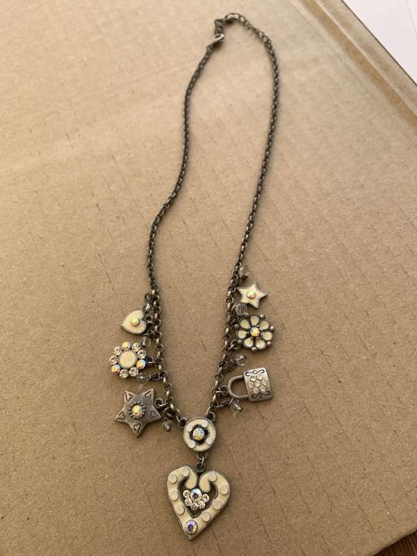 Necklace - Different Shape Pendants Hanging of Rustic Chain - White Beads, Hearts, Stars, Lock, F...
