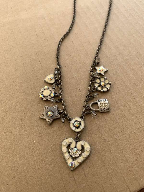 Necklace - Different Shape Pendants Hanging of Rustic Chain - White Beads, Hearts, Stars, Lock, F...