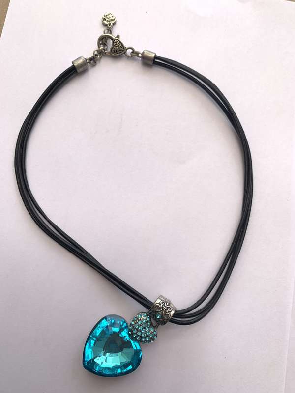Necklace - Large Silver Tone Aqua Coloured Heart Pendant Suspended from barrel shaped loop, aqua ...