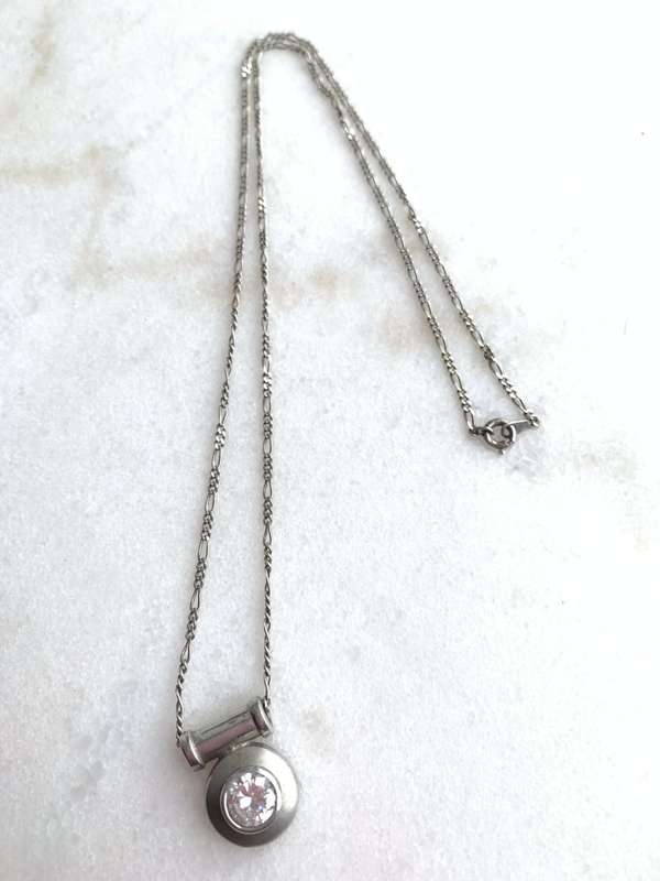 925 Silver Pendant with Round Clear Stone in Round Setting Suspended on Tube With Silver Chain #M...