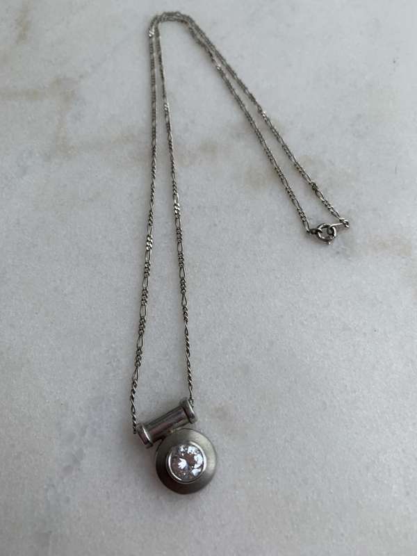 925 Silver Pendant with Round Clear Stone in Round Setting Suspended on Tube With Silver Chain #M...