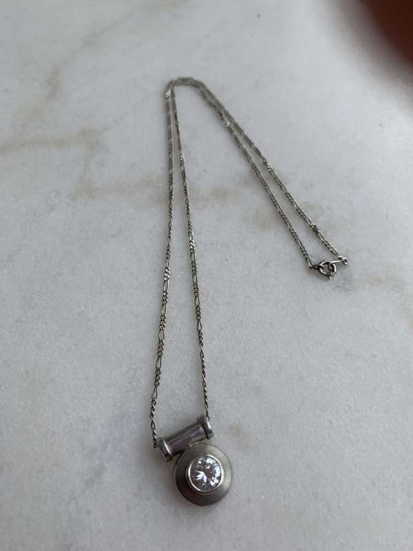 925 Silver Pendant with Round Clear Stone in Round Setting Suspended on Tube With Silver Chain #M...
