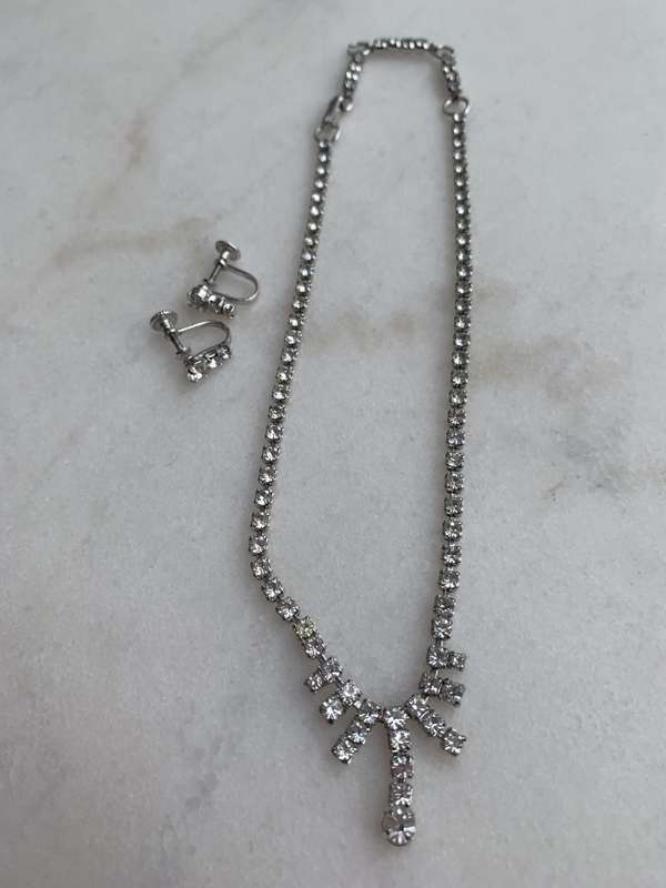 Vintage Set - Sterling Silver Diamante Necklace Stamped Jayflex Sterling With Screw-on Earrings 1...