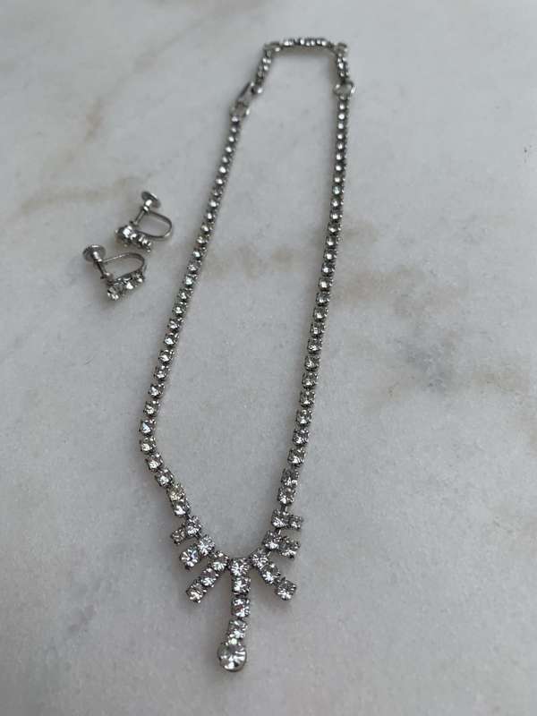 Vintage Set - Sterling Silver Diamante Necklace Stamped Jayflex Sterling With Screw-on Earrings 1...