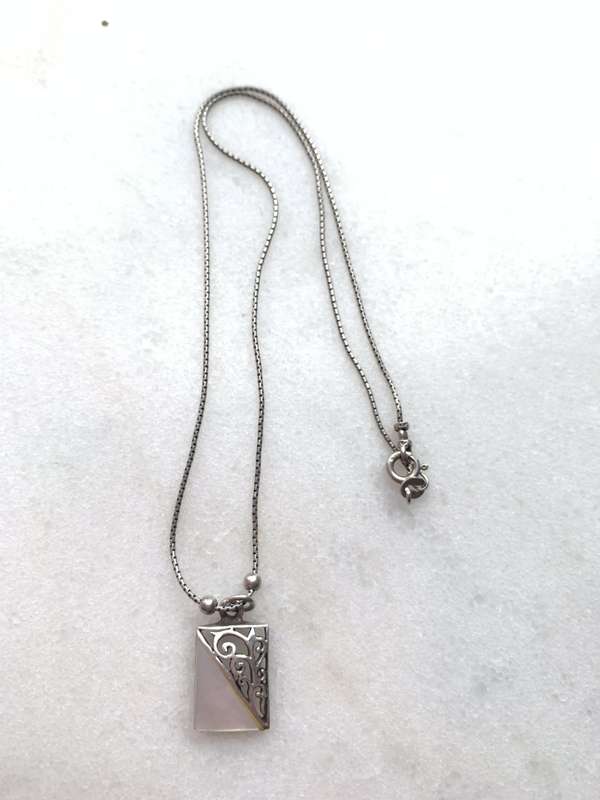 Pendant - 925 Silver Rectangle halved into mother of pearl and patterned. Silver Chain #ML759