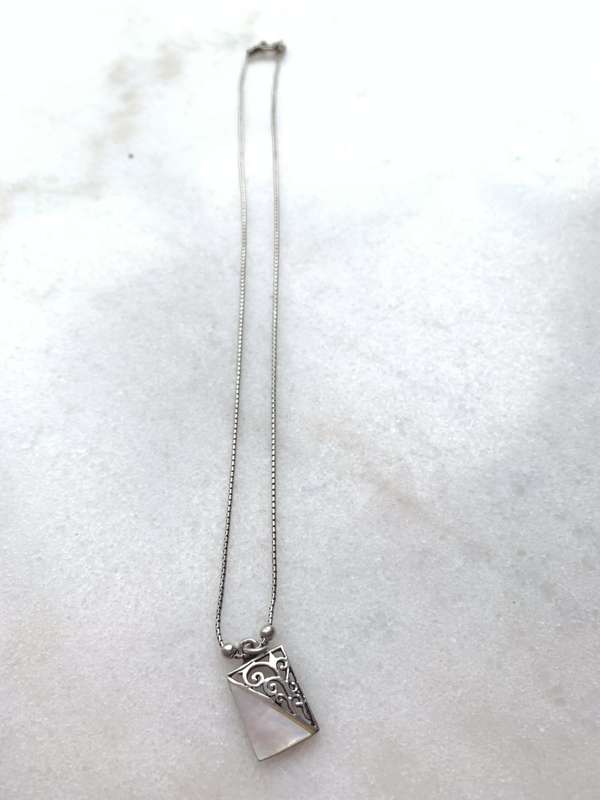 Pendant - 925 Silver Rectangle halved into mother of pearl and patterned. Silver Chain #ML759