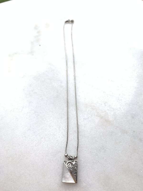 Pendant - 925 Silver Rectangle halved into mother of pearl and patterned. Silver Chain #ML759