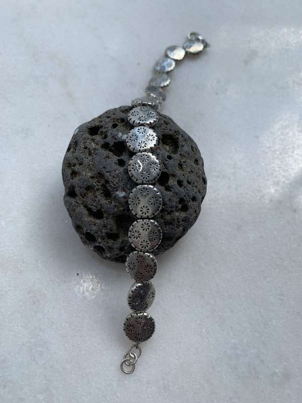 Bracelet With Silver Plated Circles With Fluted Edges & Carved Flowers #ML789| Dimensions: 178mm