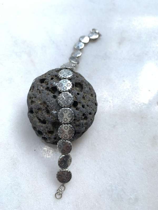 Bracelet With Silver Plated Circles With Fluted Edges & Carved Flowers #ML789| Dimensions: 178mm