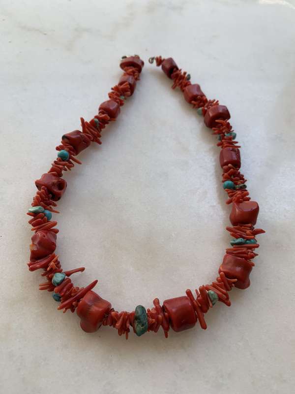Necklace - Coral With Different Shapes of Mainly Red and Some Blue Coral Beads #ML793