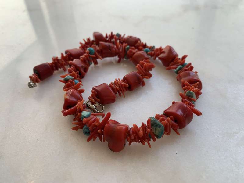 Necklace - Coral With Different Shapes of Mainly Red and Some Blue Coral Beads #ML793