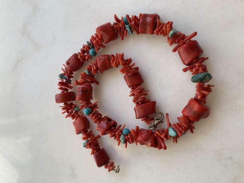 Necklace - Coral With Different Shapes of Mainly Red and Some Blue Coral Beads #ML793