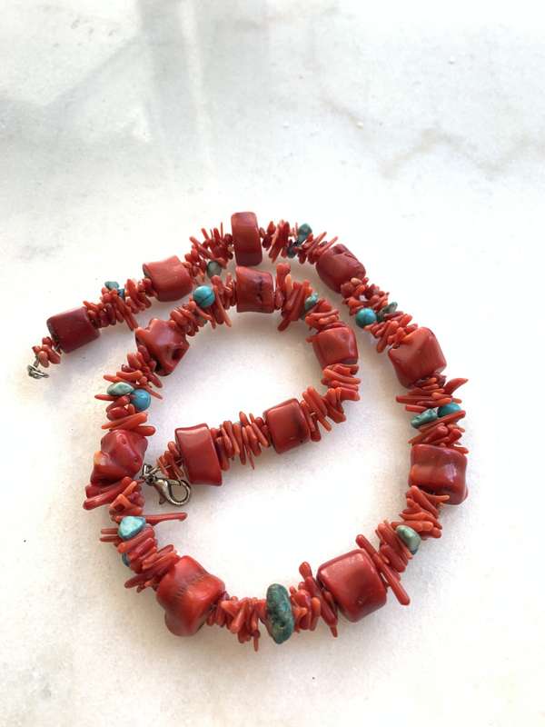 Necklace - Coral With Different Shapes of Mainly Red and Some Blue Coral Beads #ML793