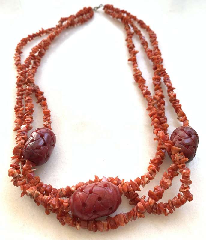 Necklace With Different Shaped Red Coral Pieces With Oval Sculpted Beads #ML797 R695.00 | Dimensi...