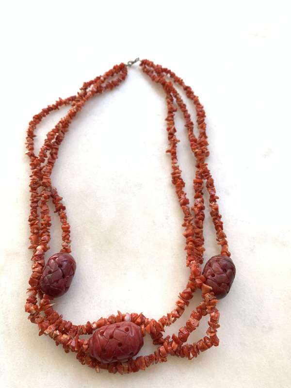 Necklace With Different Shaped Red Coral Pieces With Oval Sculpted Beads #ML797 R695.00 | Dimensi...