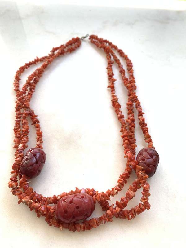 Necklace With Different Shaped Red Coral Pieces With Oval Sculpted Beads #ML797 R695.00 | Dimensi...