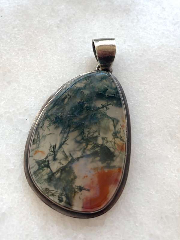 Sterling Silver Oriental Style Pendant With Layered Inset of Green & Orange Patterns #ML805 R395....