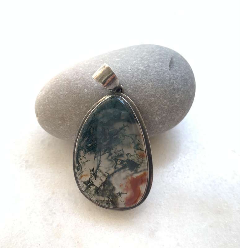 Sterling Silver Oriental Style Pendant With Layered Inset of Green & Orange Patterns #ML805 R395....