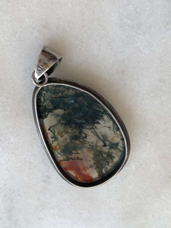 Sterling Silver Oriental Style Pendant With Layered Inset of Green & Orange Patterns #ML805 R395....