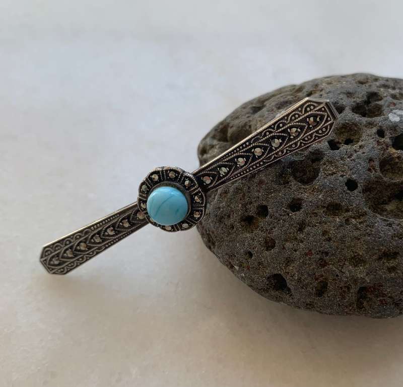 Silver Marcasite Brooch With Light Blue Stone Set In Flower In Centre #ML807 R395.00 | Dimensions...