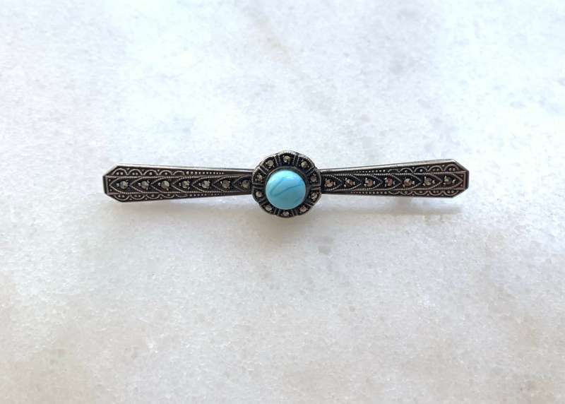 Silver Marcasite Brooch With Light Blue Stone Set In Flower In Centre #ML807 R395.00 | Dimensions...
