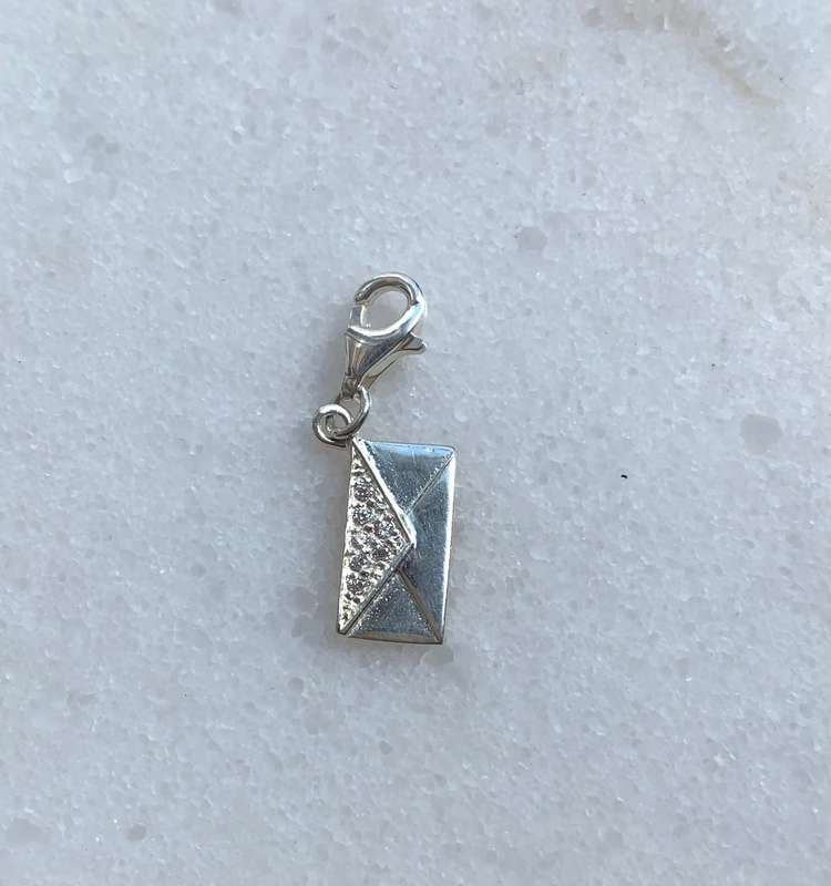925 Silver Envelope Charm With White Coloured Pave Style Stone on Sealing Flap and dot detail on ...
