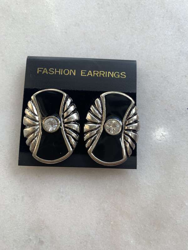 Silver & Black Coloured Clip-On Earrings With Central White Diamante Bead #ML816 | Dimensions: 28...