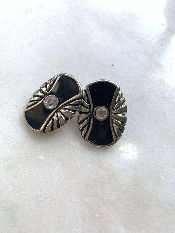Silver & Black Coloured Clip-On Earrings With Central White Diamante Bead #ML816 | Dimensions: 28...