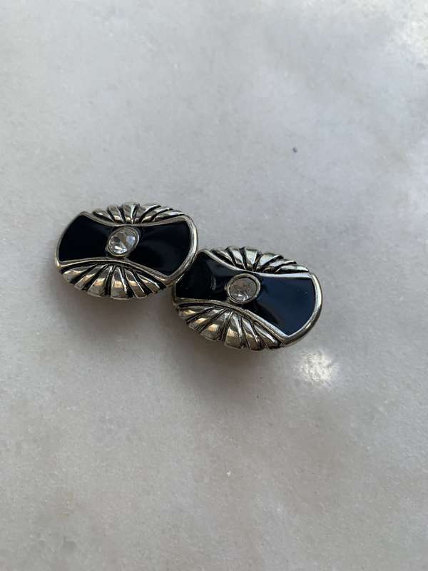 Silver & Black Coloured Clip-On Earrings With Central White Diamante Bead #ML816 | Dimensions: 28...