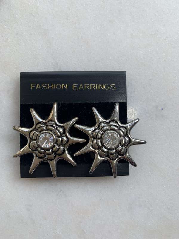 Silver Tone Clip-On Star Shape Earrings With Central White Diamante Bead and Surrounding Flower P...