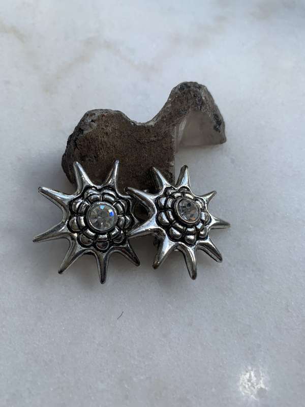 Silver Tone Clip-On Star Shape Earrings With Central White Diamante Bead and Surrounding Flower P...