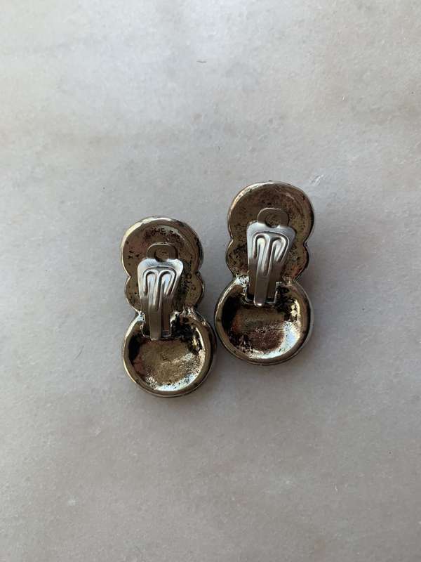 Silver Colour Metal Decorative Earrings With Oval Black Stone Centre #ML819| Dimensions: 36mm x 19mm
