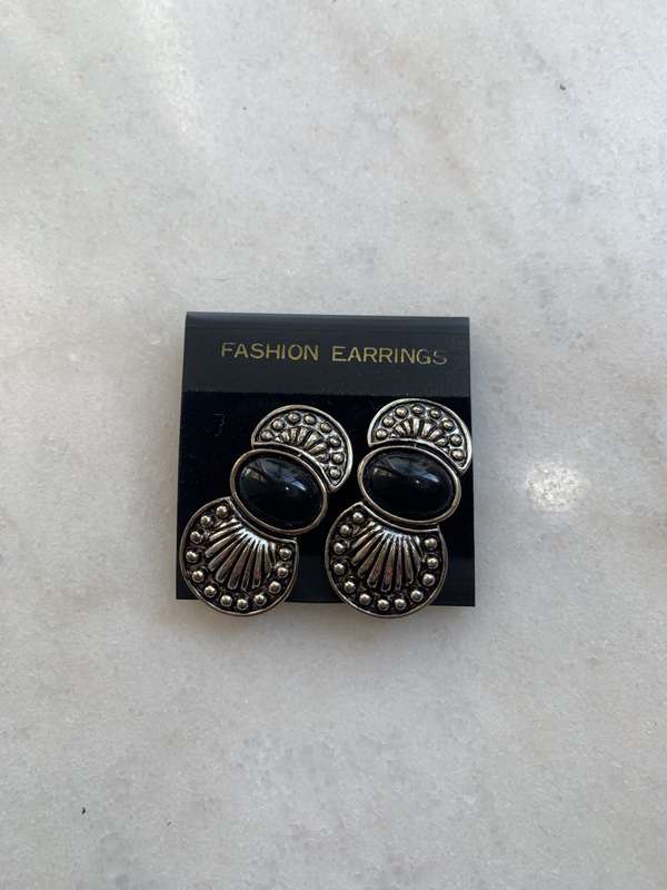 Silver Colour Metal Decorative Earrings With Oval Black Stone Centre #ML819| Dimensions: 36mm x 19mm