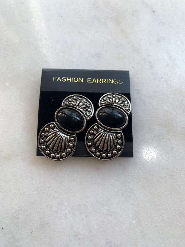 Silver Colour Metal Decorative Earrings With Oval Black Stone Centre #ML819| Dimensions: 36mm x 19mm