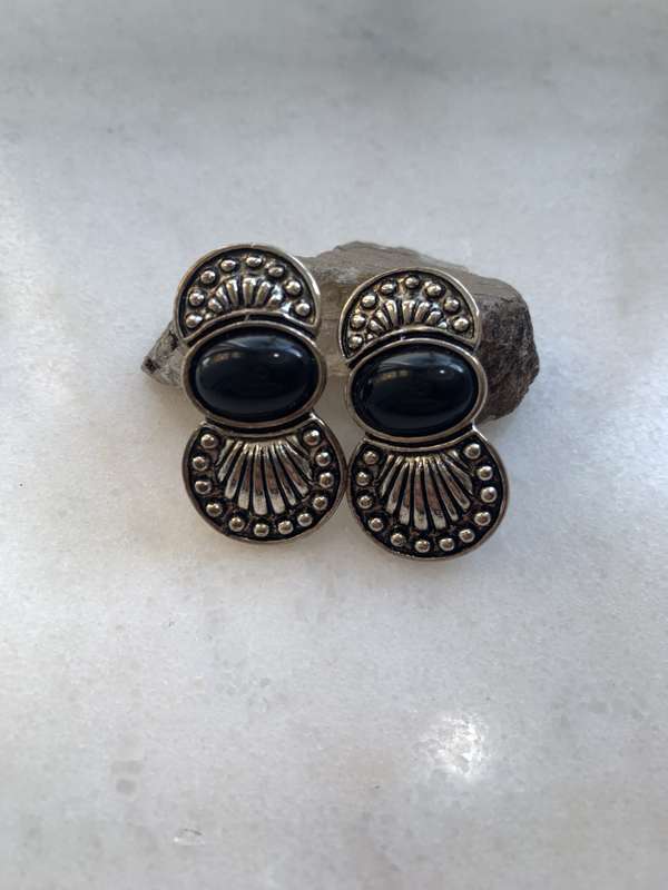 Silver Colour Metal Decorative Earrings With Oval Black Stone Centre #ML819| Dimensions: 36mm x 19mm