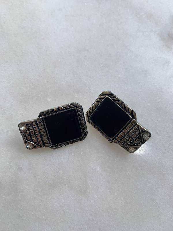 Silver Tone Clip-On Rectangle Shape Earrings With Black Colour Square and 2 white diamante beads ...