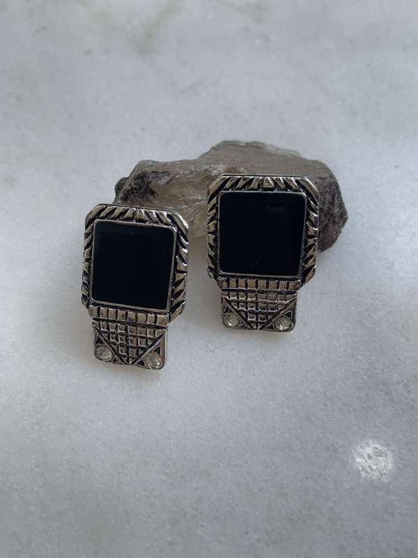 Silver Tone Clip-On Rectangle Shape Earrings With Black Colour Square and 2 white diamante beads ...