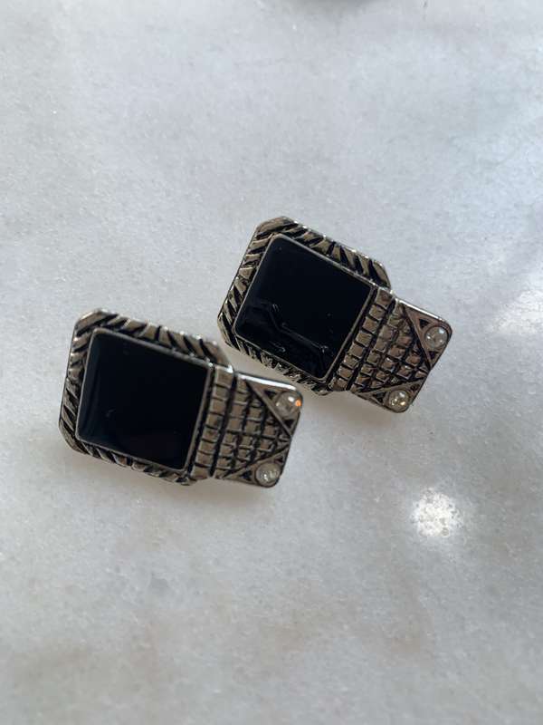 Silver Tone Clip-On Rectangle Shape Earrings With Black Colour Square and 2 white diamante beads ...