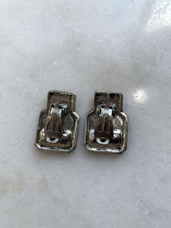 Silver Tone Clip-On Rectangle Shape Earrings With Black Colour Square and 2 white diamante beads ...
