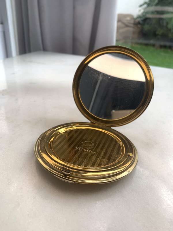 Antiques & Collectibles - Vintage Round Stratton Hand Embroidered Powder Compact. Metal, Gold Ton...