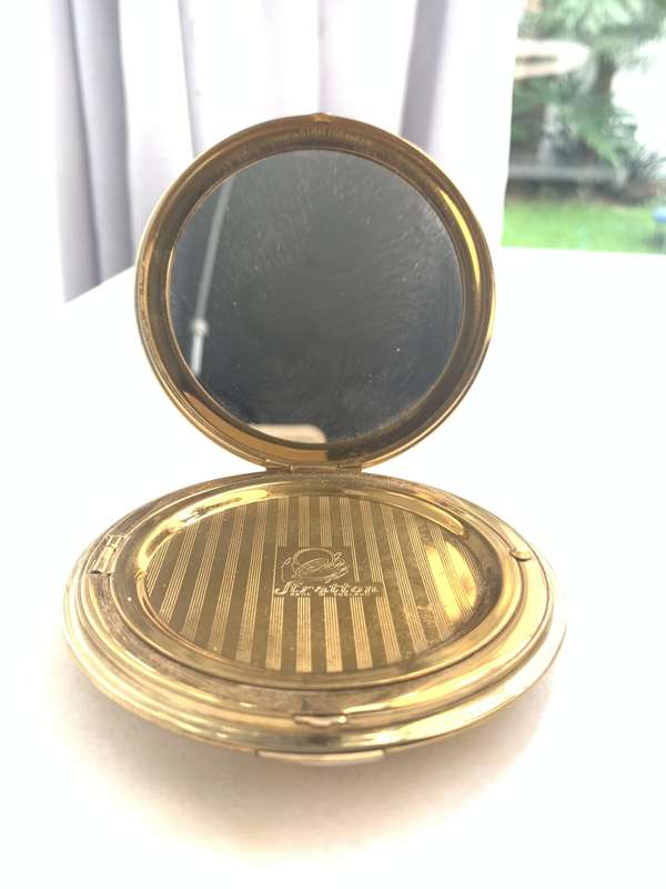 Antiques & Collectibles - Vintage Round Stratton Hand Embroidered Powder Compact. Metal, Gold Ton...