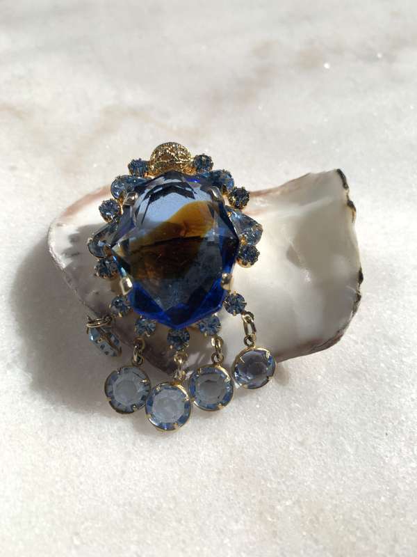 Brooch - Large Central Blue Glass Bead & hanging light blue beaded pendants, Light Blue Teardrop ...