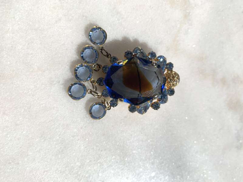 Brooch - Large Central Blue Glass Bead & hanging light blue beaded pendants, Light Blue Teardrop ...